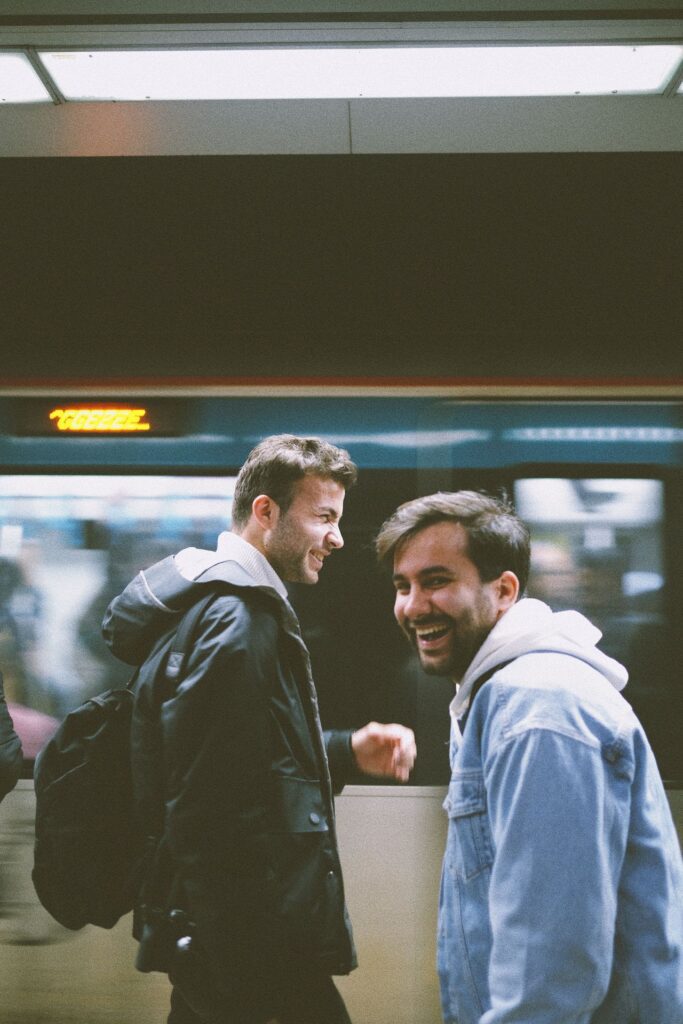 friends laughing talking about real estate